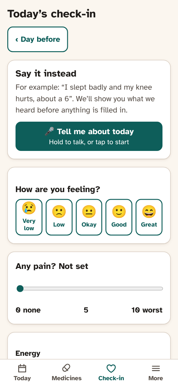 The daily check-in, with large, clear buttons for mood, pain and sleep.