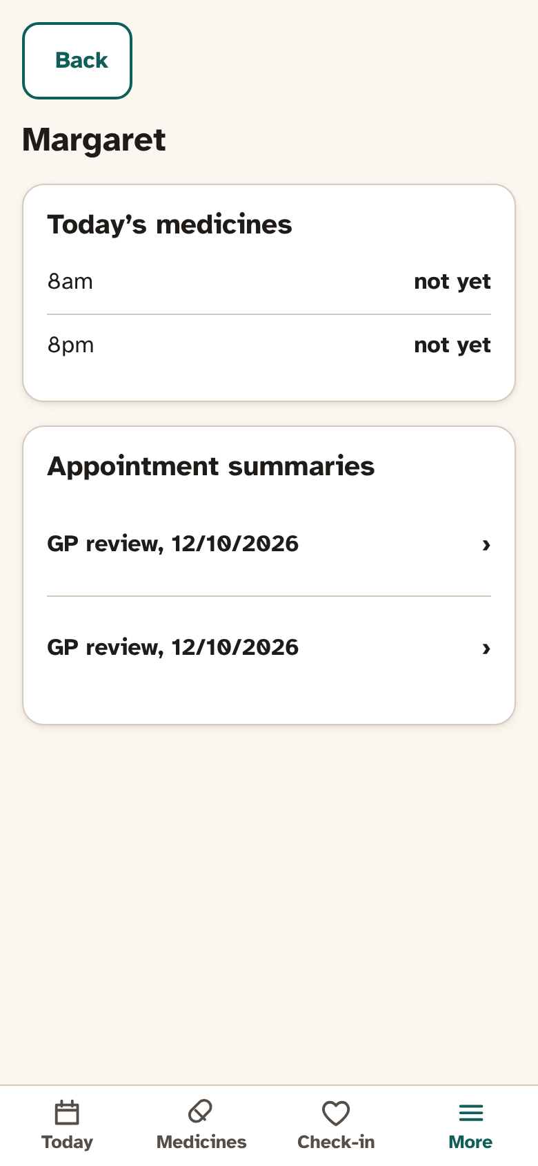 A helper’s view: today’s medicines for Margaret, ticked or not yet.