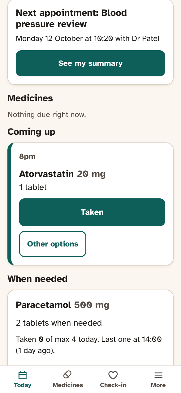Margaret’s Today screen: her next appointment, and the evening tablet still to take.
