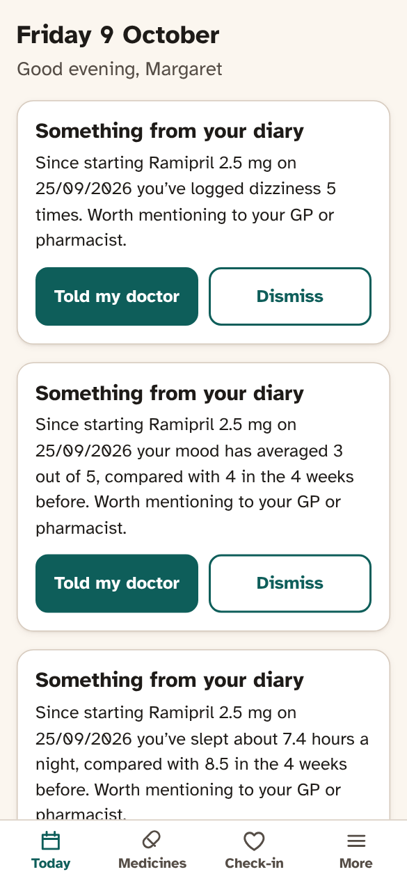 A note from the diary: since starting a new tablet, dizziness has been logged five times. Worth mentioning to your GP or pharmacist.